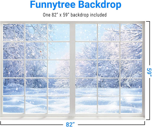 Funnytree Winter Landscape Window Photography Backdrop Christmas Snow Trees Scenery Background Baby Kids Party Decorations Portrait Cake Table Ban...