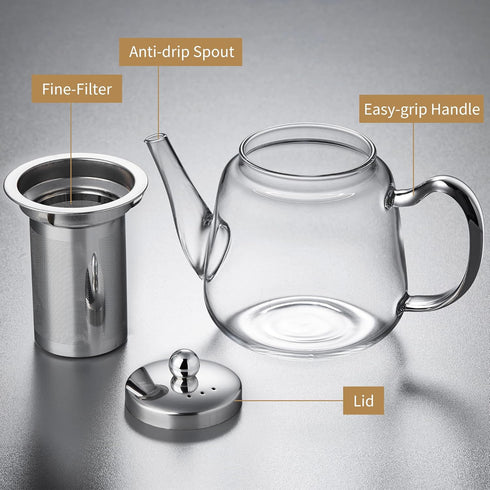 Glass Tea Pot with Infuser, Heat Resistance Borosilicate Glass Tea Kettle for Stovetop Safe, 30 FL OZ...