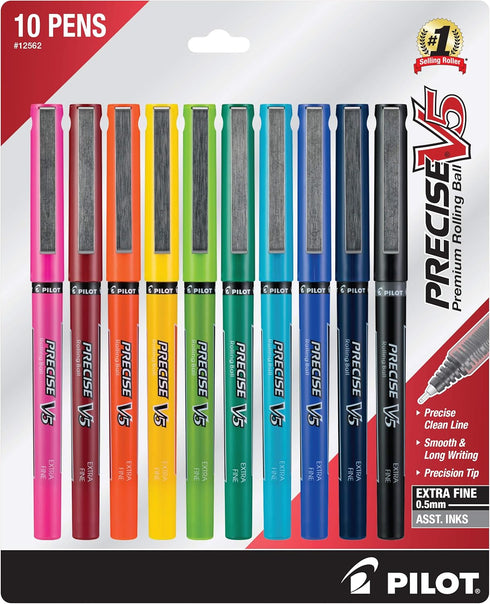 Pilot, Precise V5, Capped Liquid Ink Rolling Ball Pens, Extra Fine Point 0.5 mm, Assorted Colors, Pack of 10...
