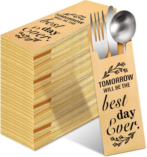 Gueevin 100 Pcs Tomorrow Will Be The Best Day Ever Wedding Paper Silverware Bags Utensil Holder Rustic Cutlery Pouch Bag for Wedding Rehearsal Din...