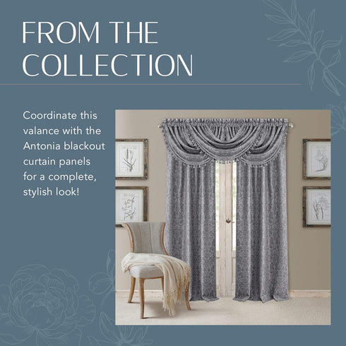 Elrene Home Fashions Antonia Floral Damask Waterfall Window Valance with Tassels, 52"x36", Silver...