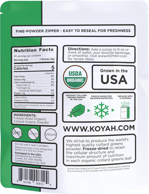 KOYAH - Organic USA Grown Collard Greens Powder (Equivalent to 15 Cups Fresh): Freeze-Dried, Whole-Leaf Powder...