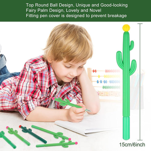 Outus 24 Pieces Cactus Pens Cactus Shaped Roller Pens Kids Green Cactus Pens Saguaro Shaped Pen Black Gel Ink with Flower for Classroom Office Sch...