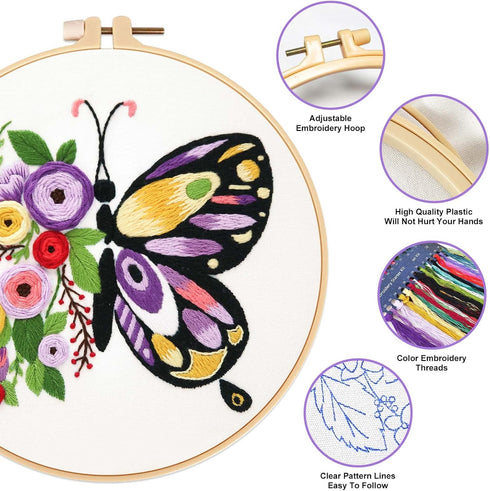 BREENHILL 2 Sets Embroidery Kit Starter with Pattern and Instructions, DIY Beginner Starter Cross Stitch Kit Include Embroidery Hoop, Needlework f...