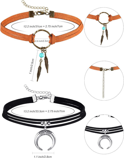 Hicarer 3 Pieces Suede Choker Necklaces American Indian Feather Handmade Necklaces Adjustable Leather Turquoise Choker Necklace Moon Crescent Pend...