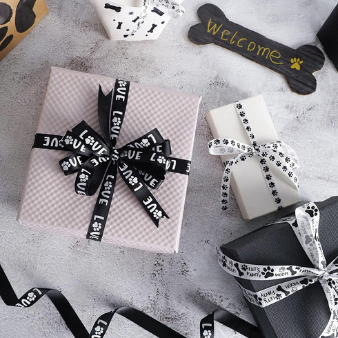 HUIHUANG Paw Print Bone Satin Ribbon Assortment - Black and White, 3/8" & " 5/8" Inch, 10 Rolls 50 Yards - Assorted Ribbon for Crafts, Dog Party S...