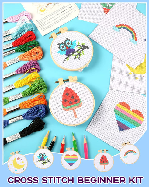Pllieay Cross Stitch Beginner Kit for Kids 7-13, Includes 6pcs Project Cross Stitch Pattern and 2pcs Hoops, 12 Skeins, Needle Point Starter Kit Se...