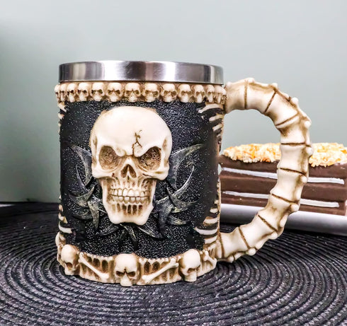 Ebros Evil Grinning Tribal Skull Mug Beer Stein Tankard With Skulls Skeletal Spine Bones Handle Coffee Cup 11 Ounces For Drinks Beverage Holder Co...