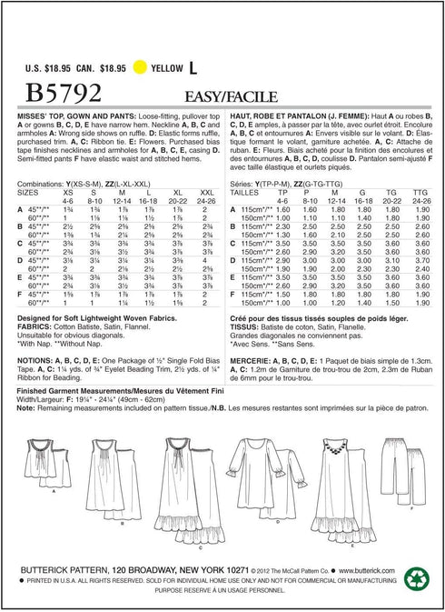 Butterick Patterns B5792ZZ0 Misses' Top Sewing Pattern, Gown and Pants, Size ZZ (LRG-XLG-XXL)...