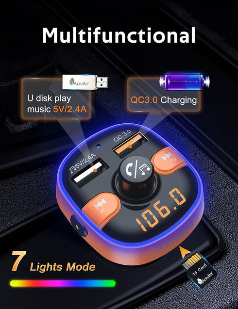 Upgraded Arsvita Bluetooth FM Transmitter for Car, Radio Receiver/Audio Adapter with Dual Car Charger, Support QC3.0 Quick Charging, Hands-Free Ca...
