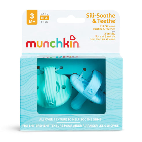 Munchkin® Sili-Soothe & Teethe™, Silicone Pacifier & Teether, 2 Pack, Blue/Green...