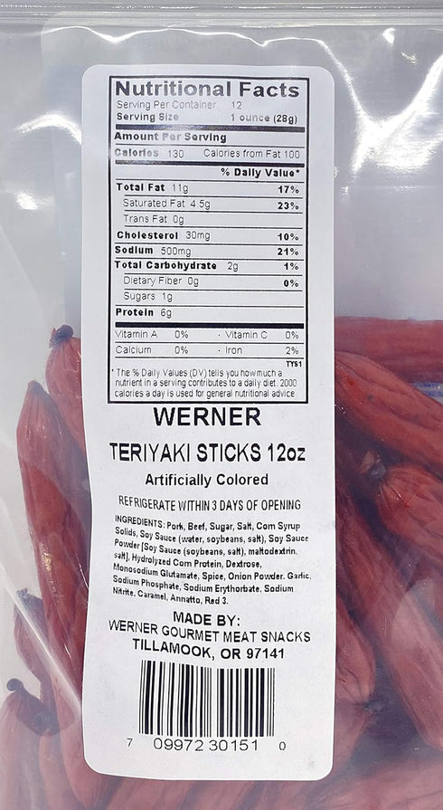 Werner Gourmet Meat Snacks, Teriyaki Mini Sticks - 12 oz....