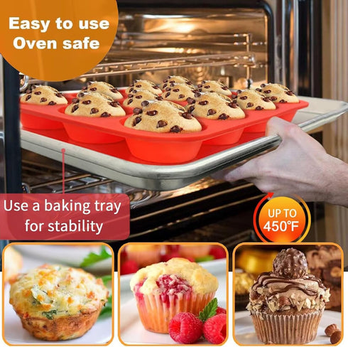 12 Cups Silicone Muffin Pan, 2 Pack Non-Stick Cupcake Pans Silicone Muffin Tray Baking Pan for Making Muffin Cakes, Cupcake, Bread, Tart, Egg Bite...