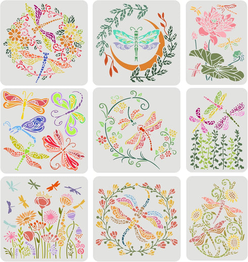 FINGERINSPIRE 9PCS Dragonfly Flower Stencils 2 Size Reusable Flower Wreath Stencils Flower Bush Lotus Vine Drawing Stencils DIY Art and Craft Sten...