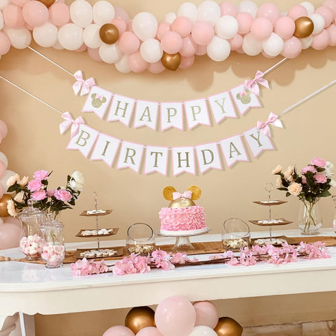 Minnie Happy Birthday Decorations - Minnie 1st/First Birthday Banner,Mouse Pink And Gold Birthday Banner,Mouse Birthday Party Banner...
