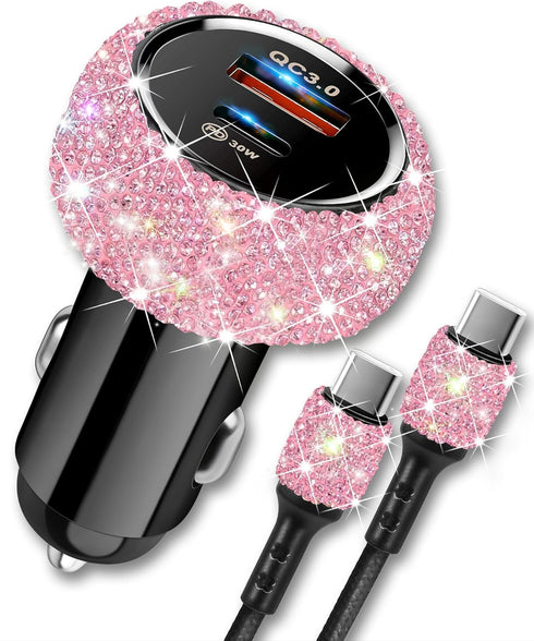 Bling USB C Car Charger, 48W PD + QC Dual Port Fast Charging Adapter with 3.2FT USB Type-C Charging Cable Compatible with iPhone 15 Pro Max iPad S...