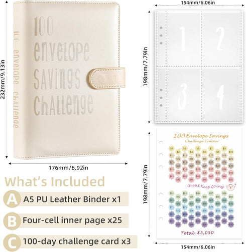 100 Envelopes Money Saving Challenge Save $5050 in 100 Days A5 Budget Money Saving Challenge Book Binder with 100 Cash Envelopes, With 3 Savings T...