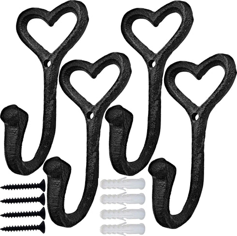 ZEYU Heavy Duty Coat Hooks, 4pcs Cast Iron Love Heart Shape Wall Hooks for Hanging Coats, Black No Rust Hooks for Scarf, Bag, Towel, Key, Cap, Cup...
