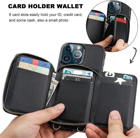Bocasal RFID Blocking Wallet Case for iPhone 13 Pro Max, Adjustable Crossbody Zipper Purse Case Card Holder with Kickstand Detachable Wrist Strap,...