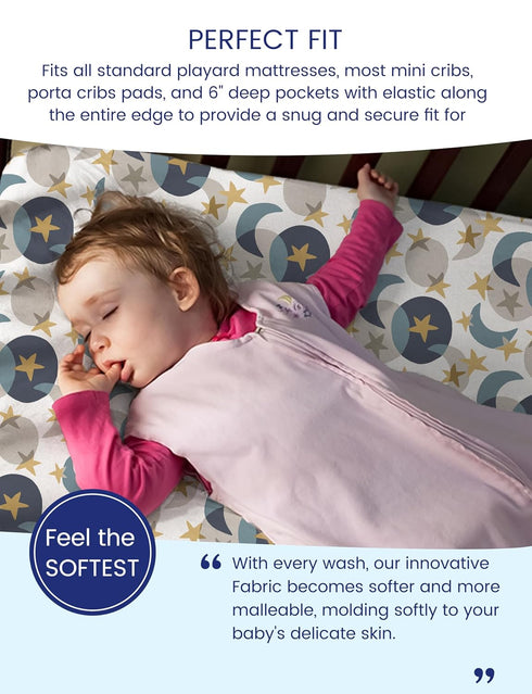 TotAha Space Mini Crib Sheets Fitted, Star & Moon Pack N Play Sheets, Super Stretchy Jersey Knit Playard Sheets, Compatible with Graco Pack N Play...