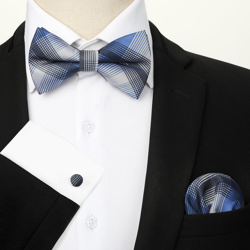 HISDERN Bow Ties for Men Pre-Tied Bow Tie Set Handkerchief & Cufflinks Plaid Classic Formal Bowtie for Party Wedding...