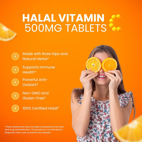 Halal Vitamin C 500mg Tablets with Rose Hips Supports Immune System, Natural Antioxidant with Citrus Bioflavonoids - Vegan - Gluten-Free - 2 Month...