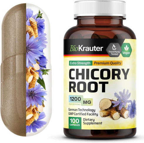 BIO KRAUTER Chicory Fiber Supplement - 1200 mg Strength - 100 Count - Chicory Root Powder - Inulin Capsules for Digestive Support - Vegan...