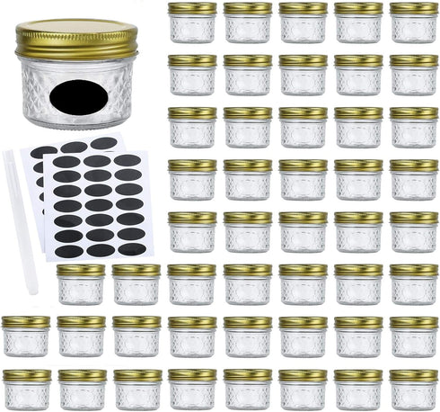 Encheng 4oz Glass Jars With Regular Lids,Mini Wide Mouth Mason Jars,Clear Small Canning Jars With Gold Lids,Canning Jars For Honey,Herbs,Jam,Jelly...