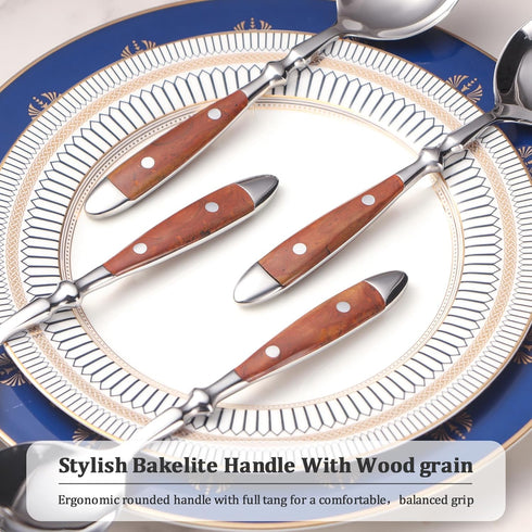 Soup Spoons?4Pcs Soup Spoons Set?Stainless Steel 18/8 Spoons with Comfortable Bakelite Handle?Heavy-Weight Metal Round Spoons?Wood Grain Handle...
