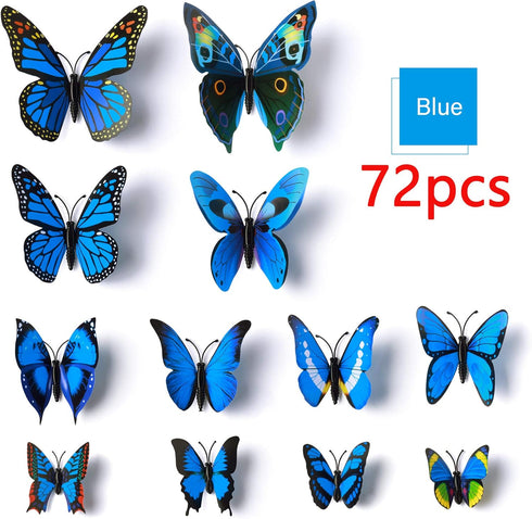 LiveGallery 72 PCS Removable 3D DIY Beautiful Butterfly Wall Decals Blue Butterflies Art Decor Wall Stickers Murals for Kids Baby Boy Girls Bedroo...