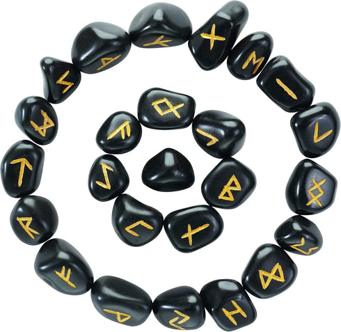 Crocon Black Tourmaline Gemstone Elder Futhark Alphabet Engraved Symbol Rune Stone 25 pcs Set for Feng Shui Chakra Balancing Reiki Healing Spiritu...