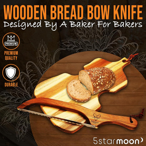 5StarMoon Bread Knife for Homemade Bread - 16" Wooden Bread Bow Knife, Sourdough Bread Knife & Bagel Cutter - Serrated Fiddle Bow Bread Slicer for...