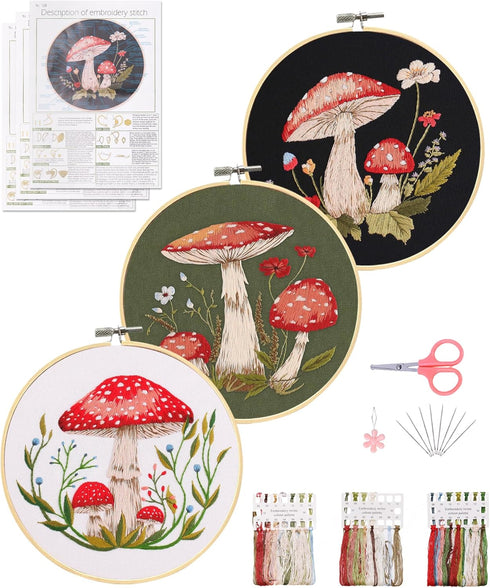 Santune 3 Sets Embroidery Kit for Beginners,Cross Stitch Needlepoint Kits for Adults Starter Easy Stamped Mushroom Pattern Fabric Hand Crafts,Hoop...