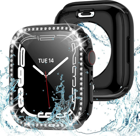 2 in 1 Bling Waterproof Case for Apple watch Series 8 7 45mm, 360 Protective PC Cover Front & Back Bumper with Tempered Glass Screen Protector, Cr...
