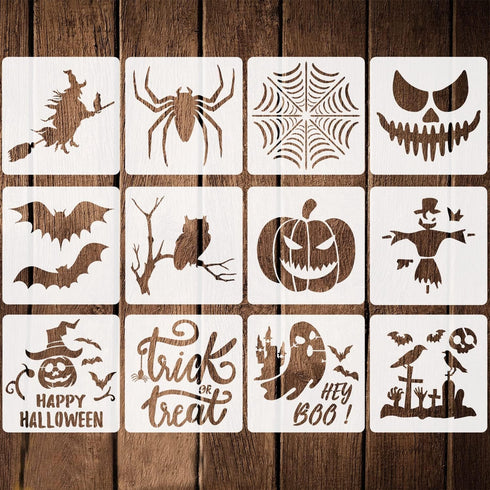 12 Pieces Halloween Stencils Reusable Plastic Halloween Theme Drawing Stencils for Painting on Wood Walls Fabrics Window, 7.9 Inches...