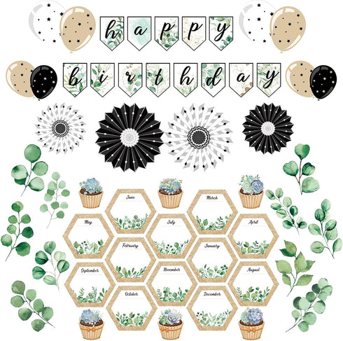 Whaline 49 Pieces Eucalyptus Bulletin Board Set Happy Birthday Banner Simply Boho Bulletin Board Decor Boho Greenery Calendar Cutout Decorations f...