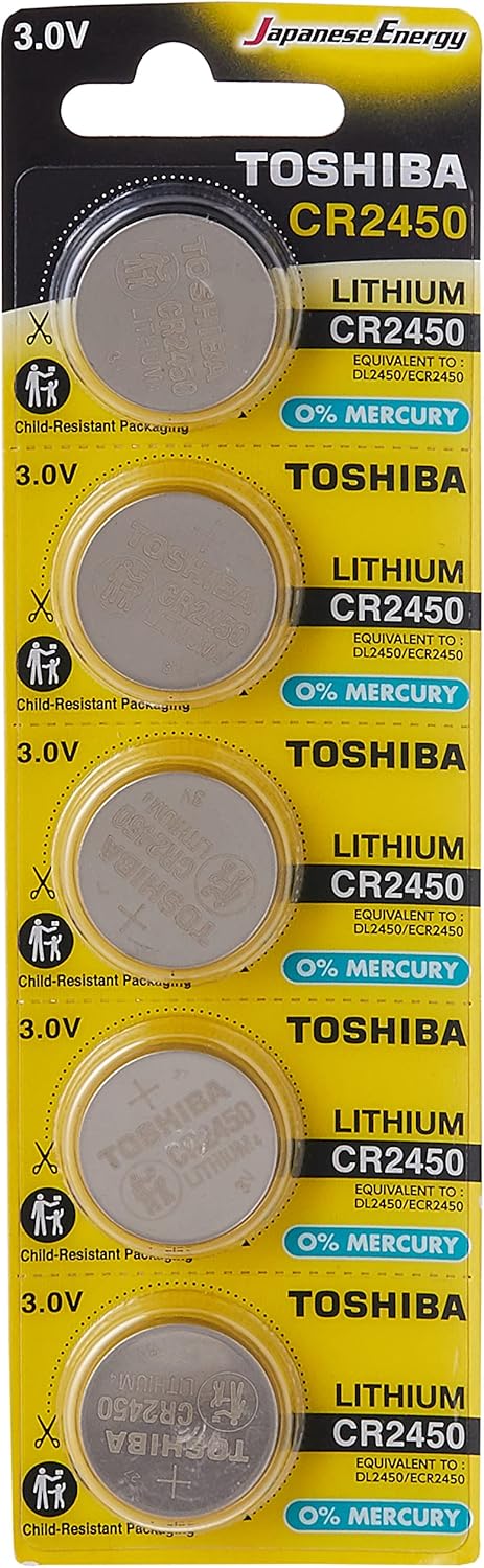 TOSHIBA CR2450 3V Lithium Coin Cell Battery 5 Batteries in Strip Child-Resistant Packaging...