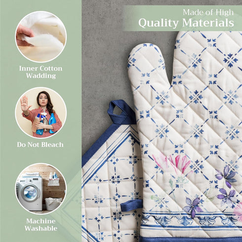 Maison d' Hermine 100% Cotton Oven Mitt & Pot Holder Set (7.5"x13" & 8"x8") Heat Resistant BBQ Cooking Gloves with Loop, Baking, Grilling, Kitchen...