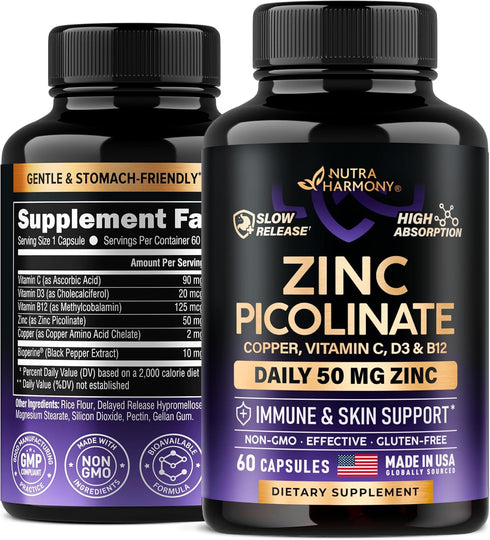 Zing Picolinate 50mg - Zinc Supplement with Copper, Vitamin D3 & B6 - Stomach Friendly | Slow Release Zinc - Immune Support & Skin Health - High A...