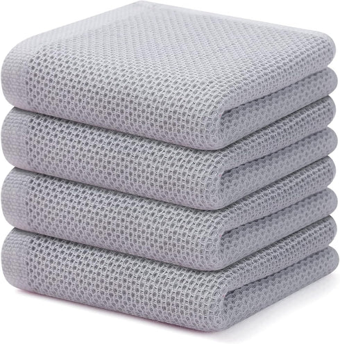 Kitinjoy 100% Cotton Waffle Weave Kitchen Dish Towels, 4-Pack Super Soft and Absorbent Kitchen Towels, 13 in x 28 in, Light Grey...