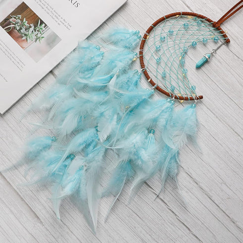 Dremisland Moon Dream Catcher with Fairy Lights-Handmade Feather Lucky Turquoise Pendant Beads Wall Hanging Ornament for kids Bedroom Home Decorat...