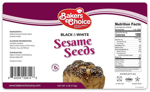 Baker's Choice Black & White Sesame Seeds - For Baking And Cooking - All Natural Food Seasoning - Resealable Container - Gluten Free, Kosher - 4 O...