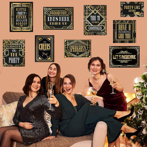 LINGXIU 9 Pieces Roaring 20s Party Decorations Black and Gold Retro Jazz Party Roaring Twenties Wall Signs Decorations Kit for 1920s Party Speakea...
