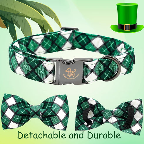 Elegant little tail St. Patrick's Day Dog Collar, Dog Collar with Bow, Green Grid Dog Collar Pet Gift Dog Bowtie Adjustable Dog Collar for Medium ...