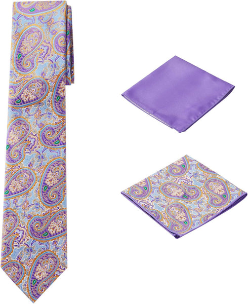 Men's Woven Paisley Regular Length Neck Tie with 2 Handkerchief Pocket Squares Hanky Set - Blue Yellow Purple...