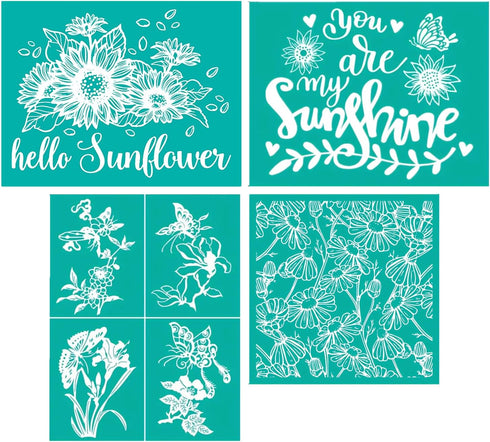 JAJADO 4 Pcs Wild Flower Stencils Plant Self Adhesive Silk Screen Stencils Reusable Sunflower Floral Flower Spring DIY Stencils for Painting on Wo...