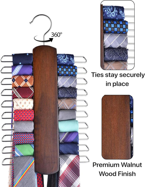 Umo Lorenzo Premium Wooden Necktie and Belt Hanger, Walnut Wood Center Organizer and Storage Rack with a Non-Slip Finish - 20 Hooks (Wooden)…...