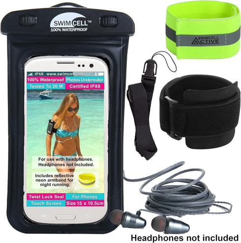 Waterproof Phone Holder Armband Case - for Swimming Running Walking with Headphone Jack. Fits All Standard Size Phones up to 15cm- iPhone, Samsung...