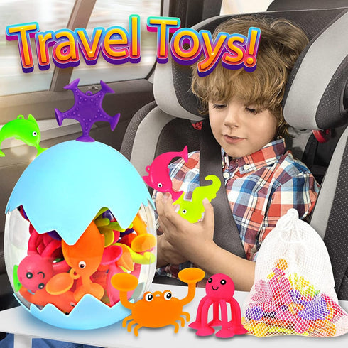 Suction Bath Toys for Kids, 18 Pcs Silicone Ocean Animal Suction Cup Toys with Eggshell & Bag, No Hole Mold Free Bath Toy, Sensory Window Building...