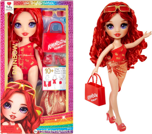 Rainbow High Swim & Style Ruby, Red 11" Fashion Doll with Shimmery Wrap to Style 10+ Ways, Removable Swimsuit, Sandals, Fun Play Accessories. Kids...